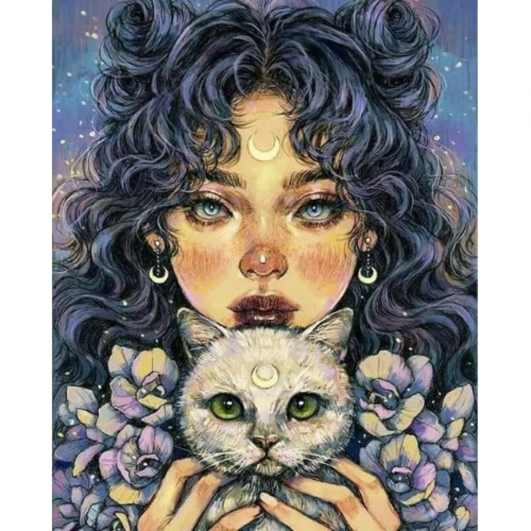 Crescent Girl with Cat