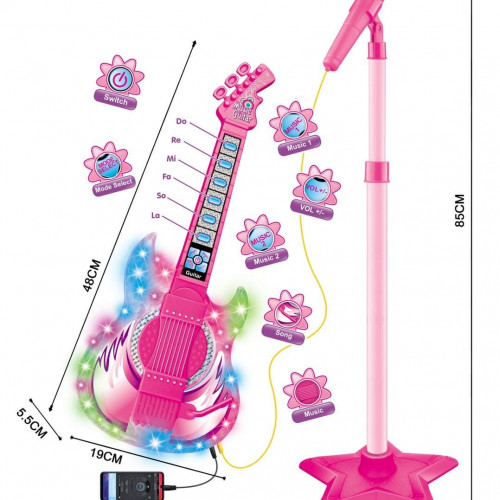 Guitarra rosada con microfono pedestal