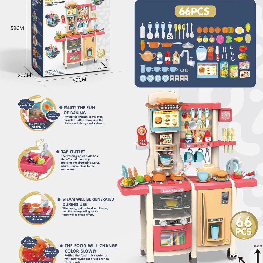 Cocina 100 cm Rosada con 66 pcs