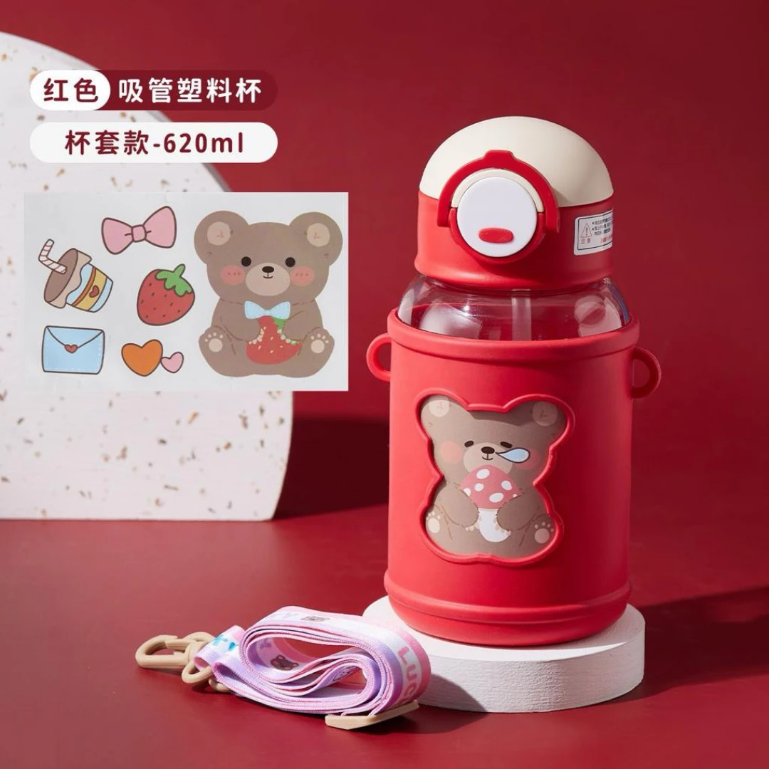 Botella de Agua Con Funda y Bombilla Rojo