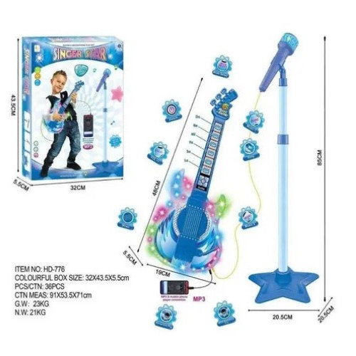 Guitarra azul con microfono pedestal