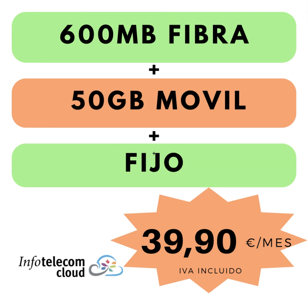 FIBRA 600Mb Simétrica + FIJO + MOVIL 50Gb