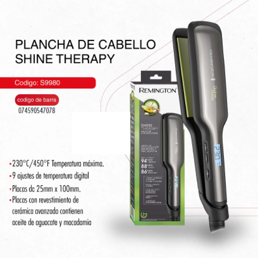 PLANCHA REMINGTON SHINE THERAPY AGUACATE Y MACADAMIA 450 °F (ANCHA 50MM)